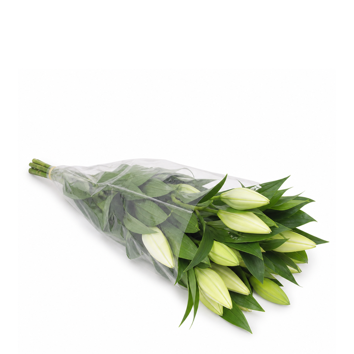 White Oriental lilies with five stems from Fresh Flower Holland, scented Dutch flower arrangement.
