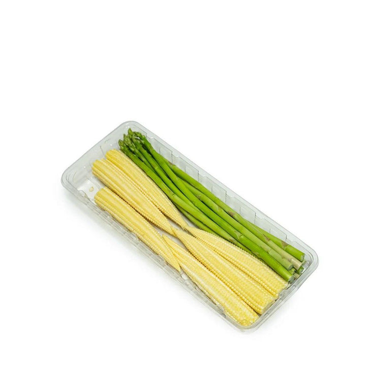 Baby asparagus and baby corn arranged in a clear tray, from Sharbatly.