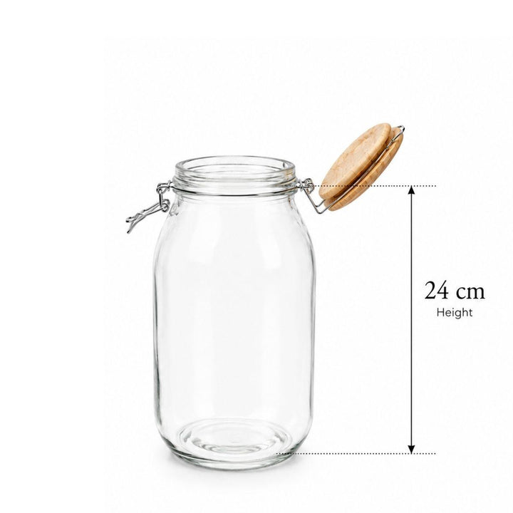Empty 24 cm glass jar shown with its hinged wooden lid open, from Sharbatly.