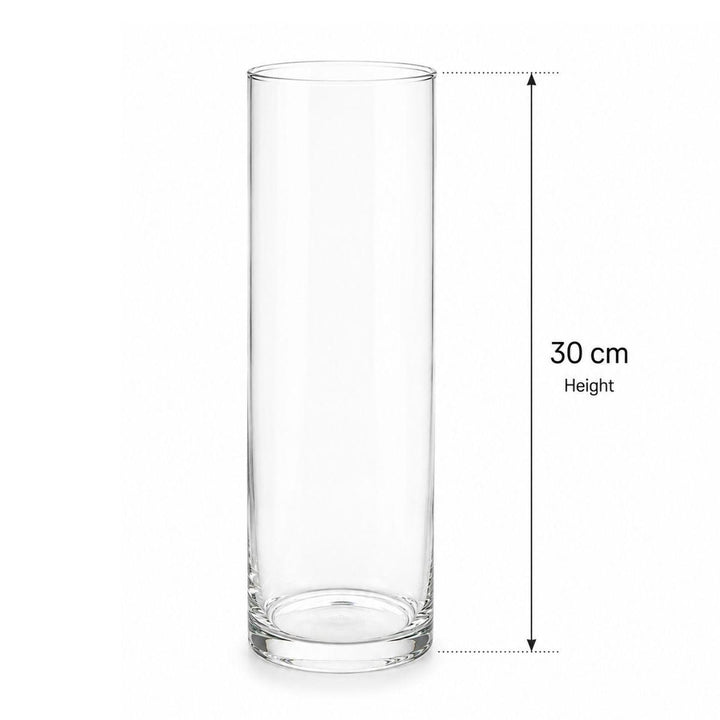 Empty 30 cm cylindrical clear glass vase with height guide, from Sharbatly.