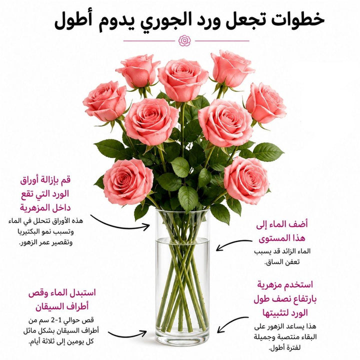 Arabic rose care guide with water, trimming and vase instructions, from Sharbatly.