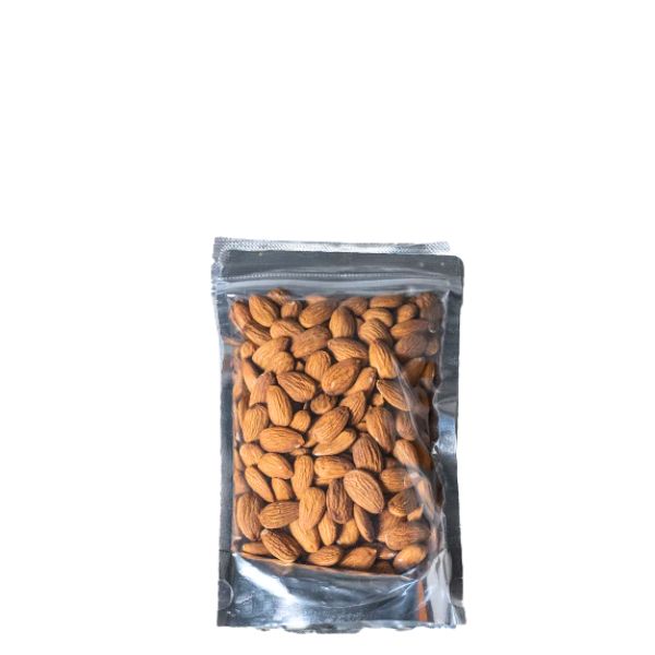 Roasted almonds in a 0.25 kg Fresh Nuts pack, showing golden-brown nuts with textured shells and a rustic appearance.