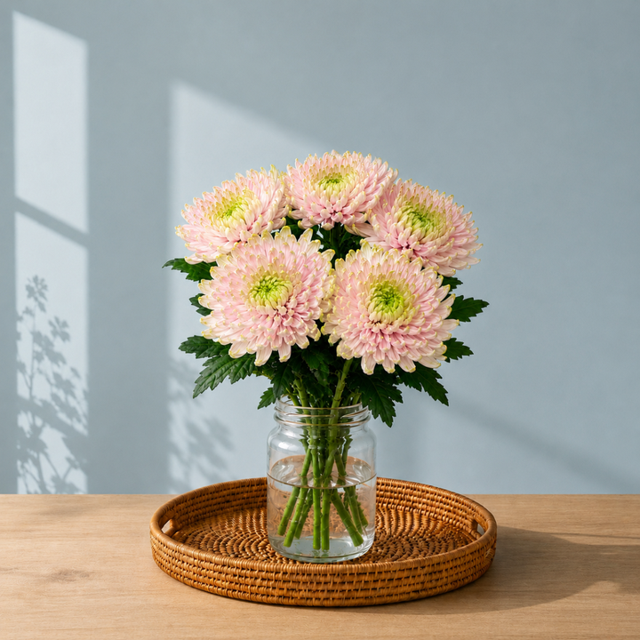 Chrysanthemums, Rossano Charlotte fresh-cut flowers arranged in a clear vase at home, from Sharbatly.