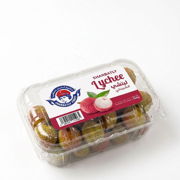 Fresh lychees in a labelled retail pack, from Sharbatly.