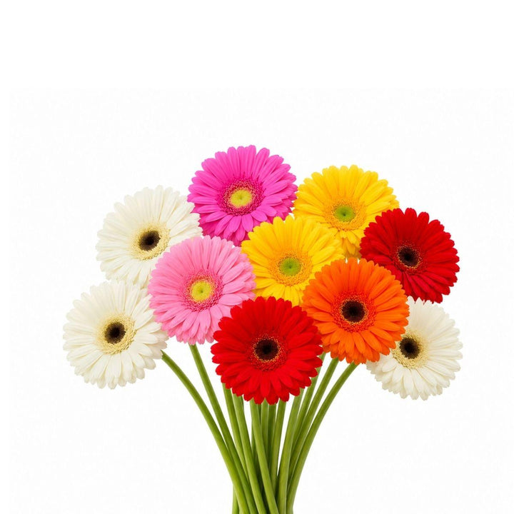 A bouquet of gerbera daisies in multiple vibrant colors including pink, yellow, red, orange, and white, arranged against a solid white background.