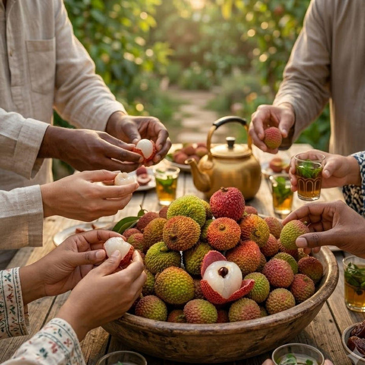 Fresh lychees shared around a table with tea, from Sharbatly.