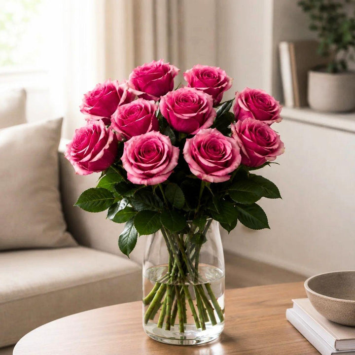 Roses, Authentic fresh-cut flowers arranged in a clear vase at home, from Sharbatly.