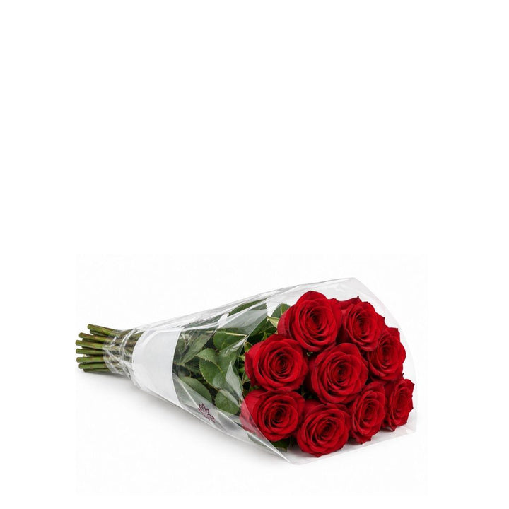 A bouquet of ten red roses with green stems, wrapped in clear cellophane and a white paper band, positioned horizontally on a solid white background.