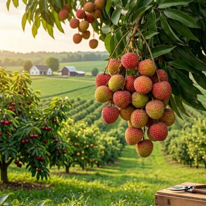 Ripe lychees growing in clusters on a tree, from Sharbatly.