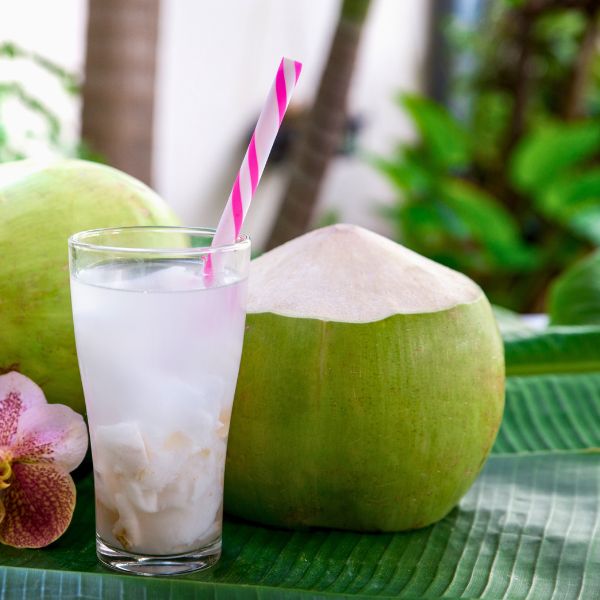 Fresh young coconut fruit from Sharbatly, ready to drink, showing the outer shell and top opening with coconut water inside.