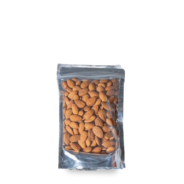 All-natural almonds in a 0.25 kg pack from Fresh Nuts, showing a close-up of whole, raw almonds.