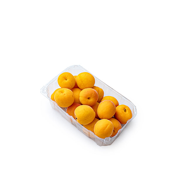 Fresh Sharbatly apricots in a 0.5 kg pack, showcasing ripe, orange fruit with smooth skin on a white background.