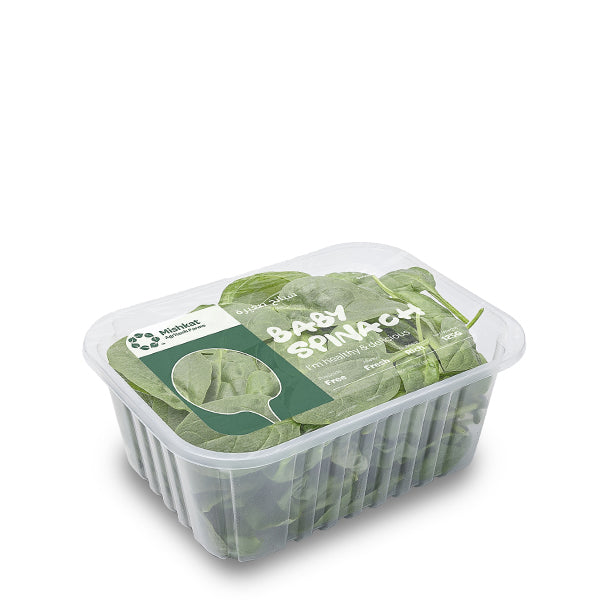 Fresh hydroponic baby spinach in a 0.125 kg pack by Mishkat, showcasing vibrant green leafy vegetables.