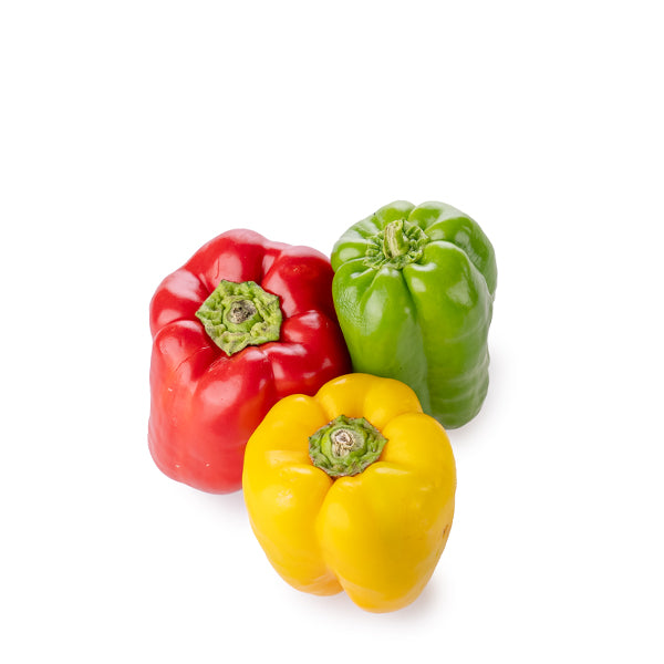 Mixed capsicum peppers in a 0.5 kg pack, featuring red, yellow, and green bell peppers from Local Market.