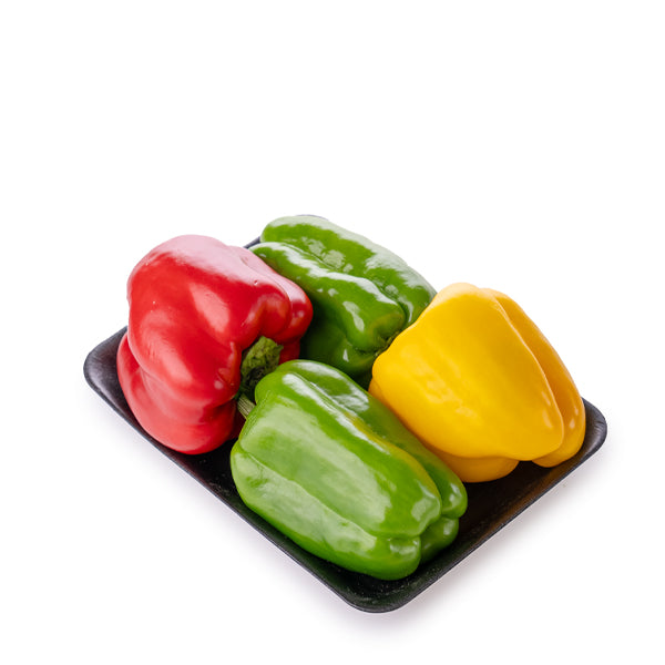 Mixed capsicum peppers from Local Market, colorful bell peppers in a 0.5 kg pack, fresh vegetables for cooking or salads.