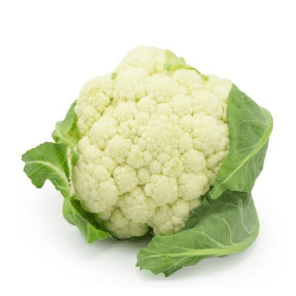 Fresh cauliflower vegetable from Local Market, single whole head with green leaves, ready for cooking or raw consumption.