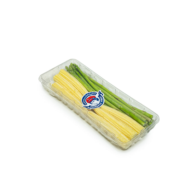 Baby asparagus and baby corn in a labelled retail pack, from Sharbatly.