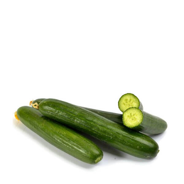 Fresh hydroponic cucumbers from Dava Farm in a 3 kg carton, showing green, firm cucumbers with smooth skin.
