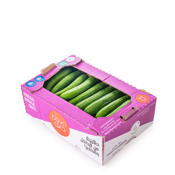 Fresh hydroponic cucumbers in a 3 kg carton from Dava Farm, showcasing vibrant green vegetables in the box