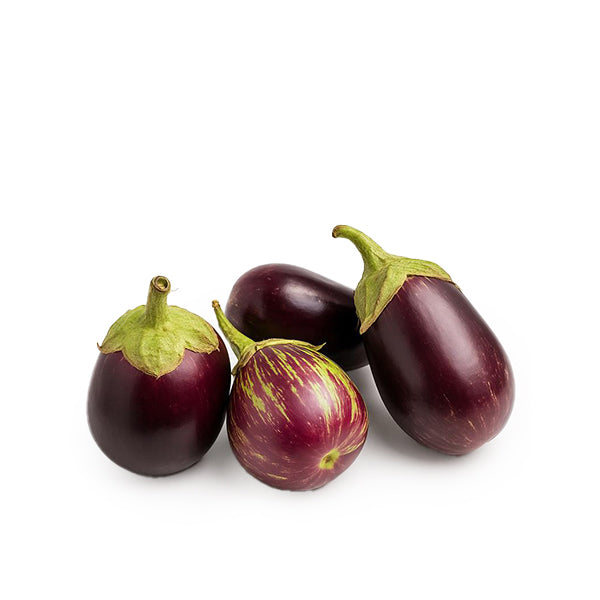 Organic eggplants from Al-Durr Organic in a 0.8 kg pack, fresh purple vegetables with smooth, shiny skin.