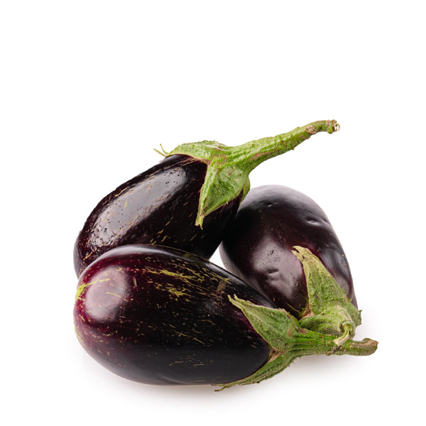 Organic eggplants from Naqwat Al Nana in a 1 kg pack, showcasing fresh, glossy purple vegetables on a market display.