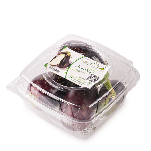 Organic Naqwat Al Nana eggplants in a 1 kg pack, fresh purple vegetables suitable for cooking or salads.