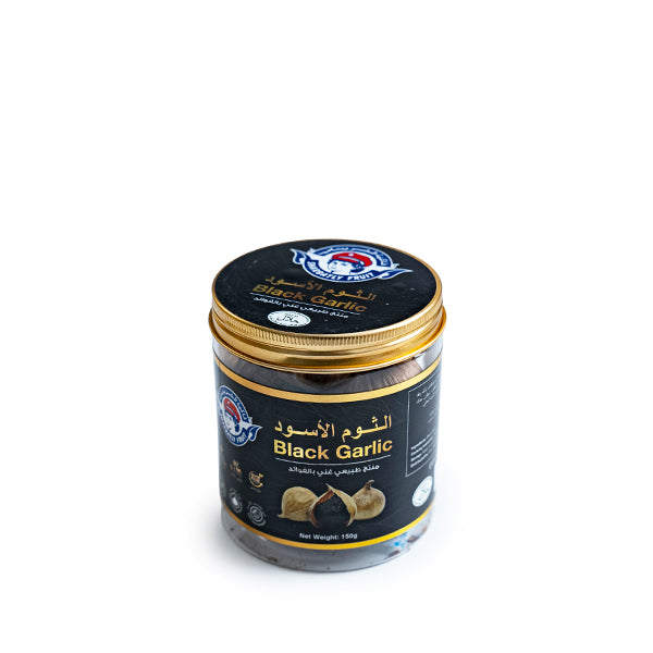 Holland black garlic vegetable in a 0.15 kg pack, showing dark, roasted garlic cloves with a smooth surface and rich color.