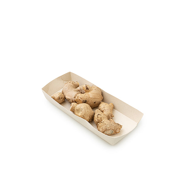 Organic ginger vegetable from Holland in a 0.125 kg pack, showing fresh, peeled ginger roots on a clean surface.