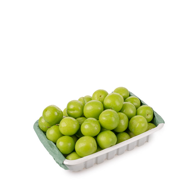 Fresh green sour plums from Local Market, 0.4 kg pack, showing vibrant green fruit with smooth skin.
