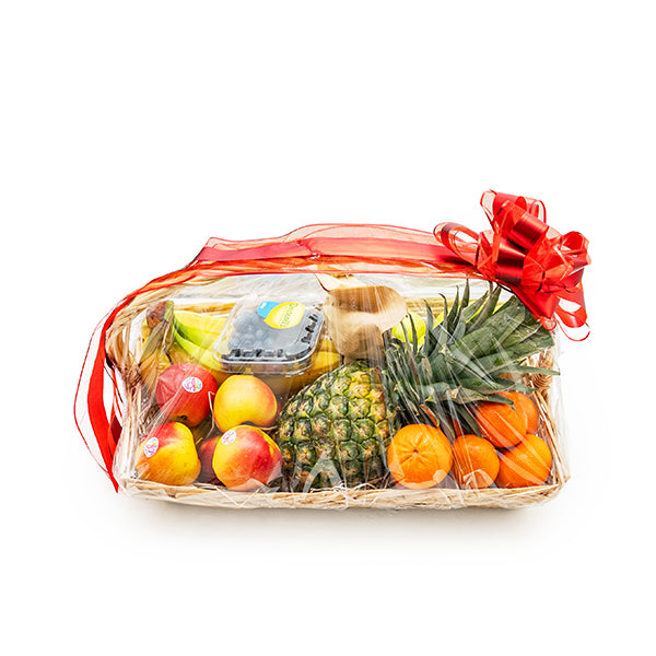 Mixed brand luxury fresh fruit gift basket with assorted colorful fruits in a woven basket.