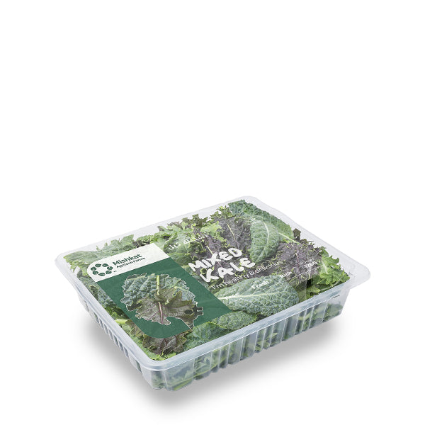 Fresh mix of baby kale and lettuce from Mishkat, hydroponically grown in a 0.125 kg pack, showcasing vibrant leafy greens.
