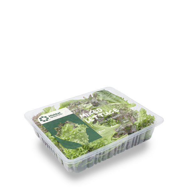 Fresh hydroponic lettuce mix from Mishkat in a 0.125 kg pack, featuring vibrant green leafy vegetables for salads and sandwiches.