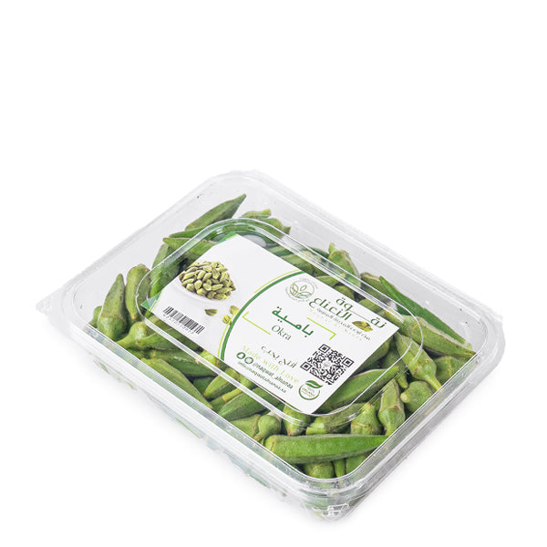 Organic small-medium okra vegetables from Naqwat Al Nana in a 0.5 kg pack, fresh and vibrant ready for cooking.