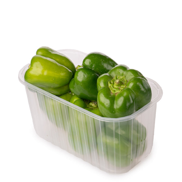 Fresh green capsicum peppers from Local Market, 1 kg pack, showing vibrant, crisp green vegetables suitable for cooking or salads.