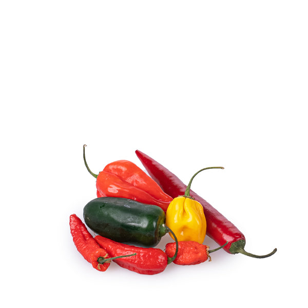 Mixed hot chili peppers from Holland, vibrant red and green peppers, fresh vegetables in a 0.075 kg bundle.