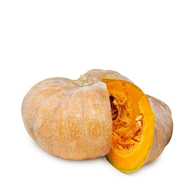 Fresh Pumpkin Musquee de Provence squash from Local Market, showcasing its distinctive ribbed, orange exterior and smooth surface.