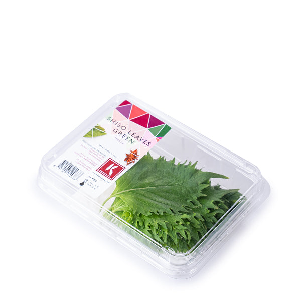 Fresh green shiso leaves from Holland, a vegetable pack showcasing vibrant, edible herbs for culinary use.