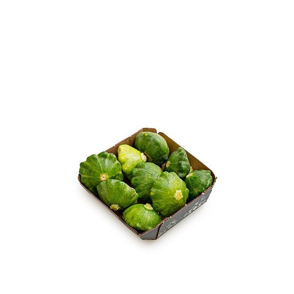 Fresh green patty pan squash from Holland, a vibrant vegetable with scalloped edges, packed in a 0.2 kg portion.