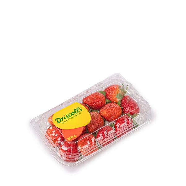 Fresh Driscoll's strawberries in a 0.25 kg pack, vibrant red and ripe, displayed in a clear container on a white background.