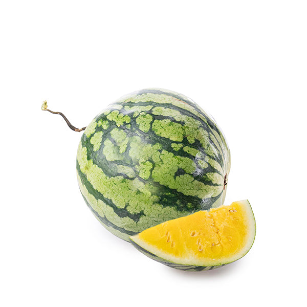 Yellow baby watermelon from Local Market, fresh and ripe, showing its vibrant yellow skin and small, round shape.