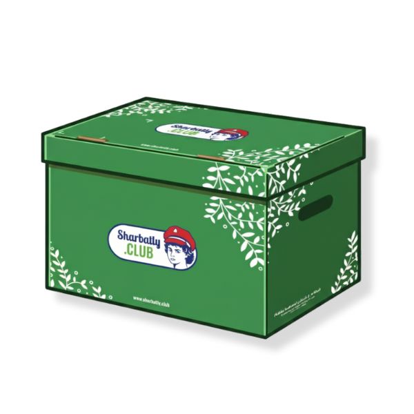 Sharbatly.club delivery carton with branding, designed for secure parcel delivery, featuring the Sharbatly.Club logo and packaging materials.