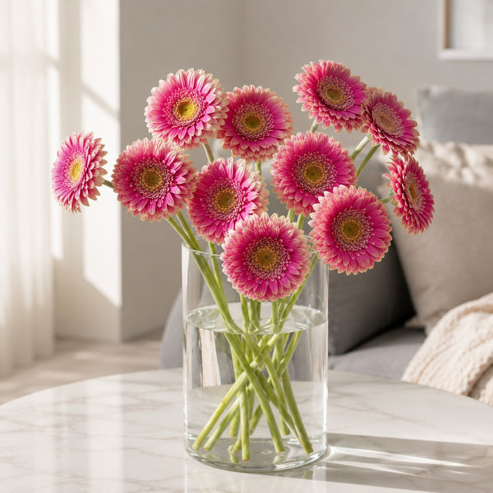 Gerbera, Wonderwall fresh-cut flowers arranged in a clear vase at home, from Sharbatly.