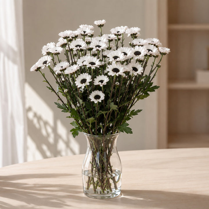 Chrysanthemums, Santini, White Molly fresh-cut flowers arranged in a clear vase at home, from Sharbatly.