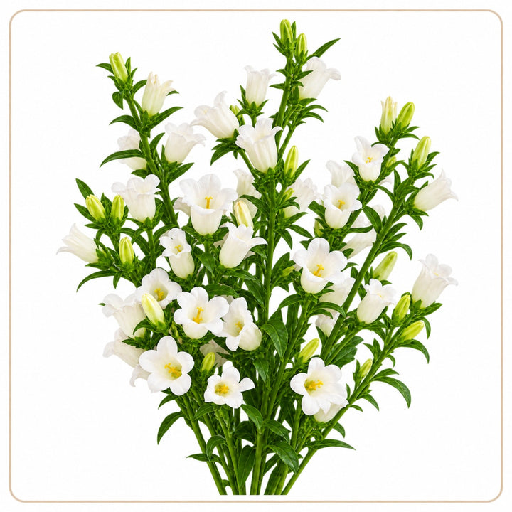 A bouquet of white bell-shaped flowers with green stems and leaves, arranged against a plain white background with a thin decorative border.