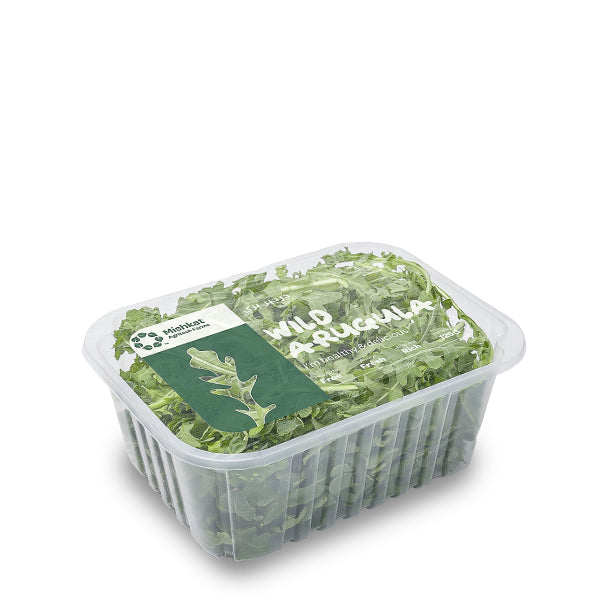 Fresh baby hydroponic rucola (arugula) from Mishkat, vibrant green leaves in a 0.125 kg pack, ready for salads or garnishes.