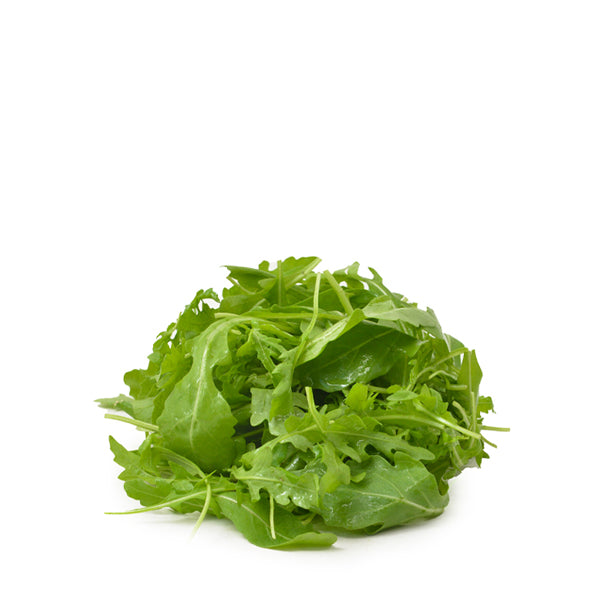 Fresh baby arugula (rucola) from Babul, leafy vegetable in a 0.125 kg pack, shown on a rustic wooden surface.