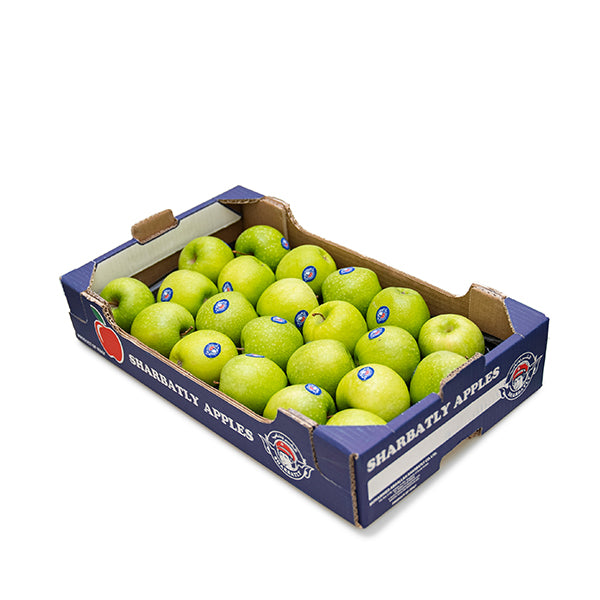 Fresh Granny Smith apples from Sharbatly, 4 kg carton, bright green fruit with smooth skin and crisp texture.