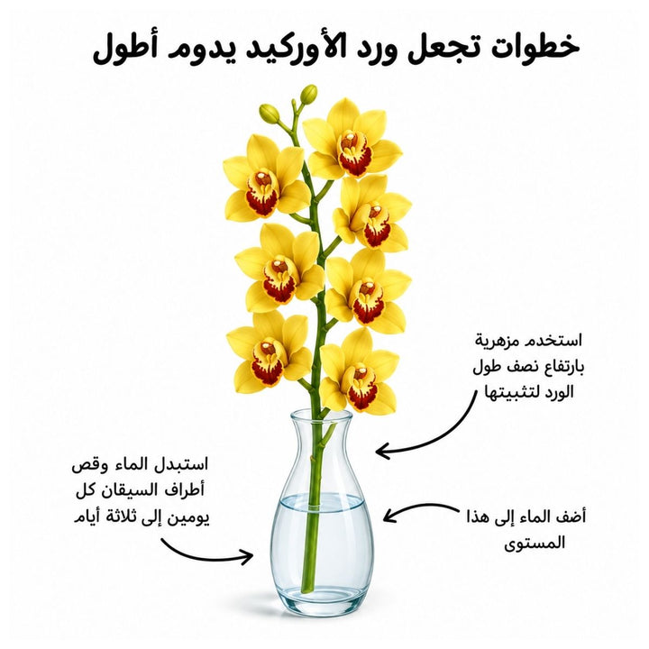 Arabic cymbidium orchid care guide with water, trimming and vase instructions, from Sharbatly.