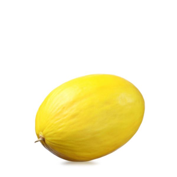 Holland Melon Canary, single piece of fresh yellow-orange fruit with smooth rind and sweet interior, displayed on a white background.