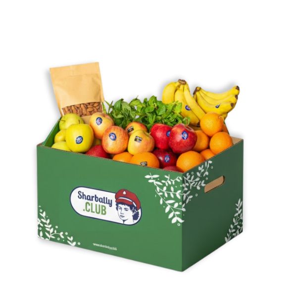 Mixed fruit office bundle in a carton, featuring a variety of fresh, colorful fruits including apples, oranges, and berries.